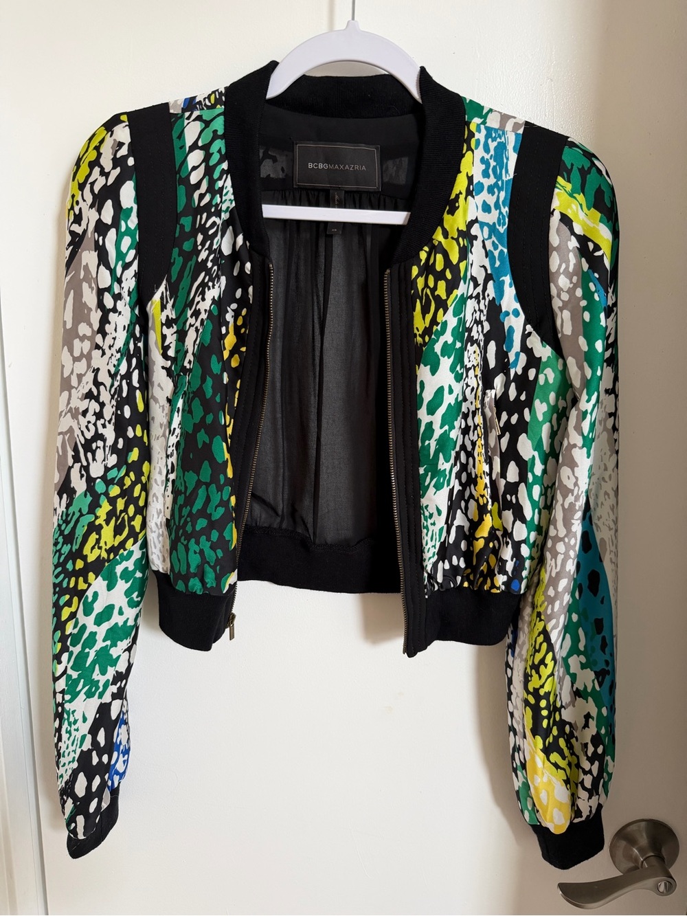 BCBGMAXAZRIA Multicolor Print Sheer Back Bomber Jacket XS